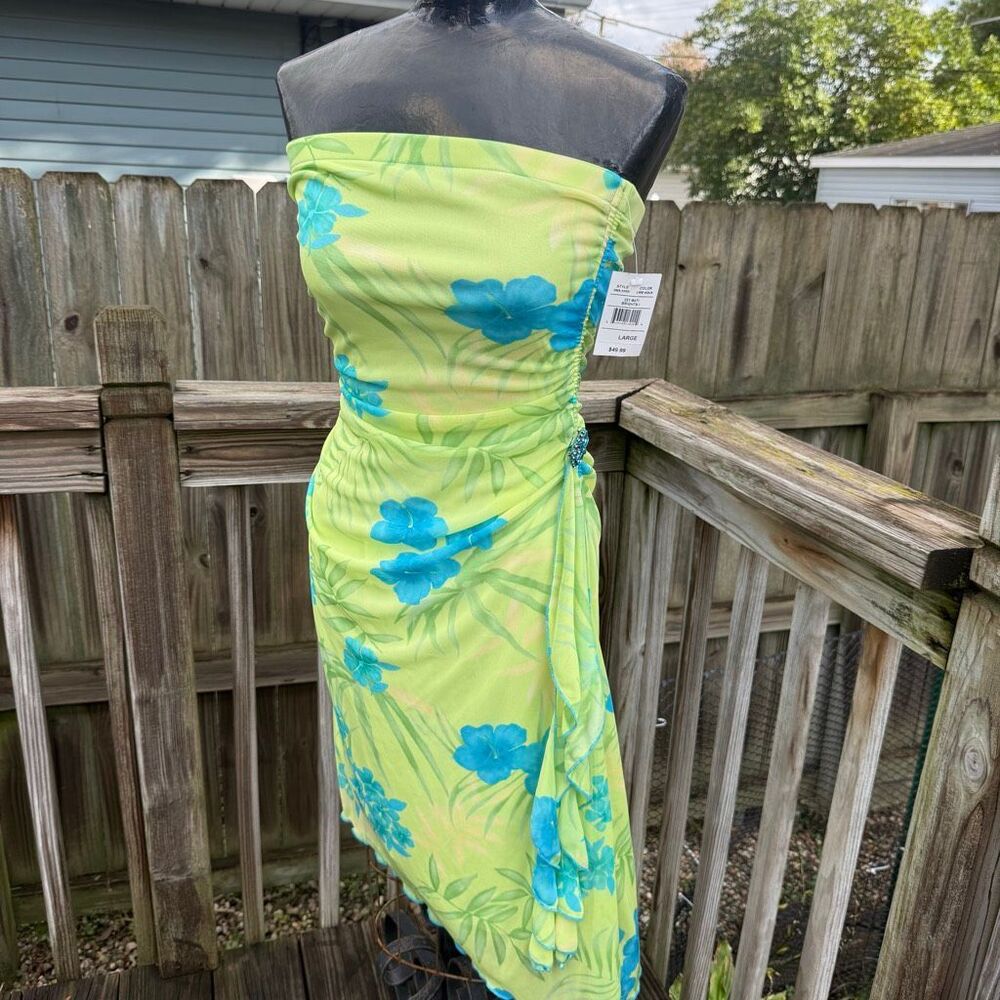 Y2K NWT Ruby Rox Lime Green Aqua Tropical Floral Strapless Ruched Mesh Dress Lar